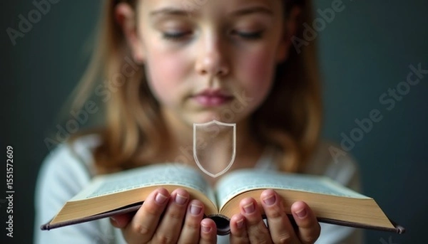 Fototapeta A young Caucasian girl with long brown hair holds an open book in her hands. A shield symbol is superimposed above the book, suggesting themes of protection and knowledge.