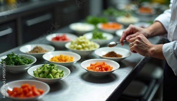 Fototapeta A chef's hands prepare ingredients in a professional kitchen. Various bowls contain chopped vegetables like tomatoes, cucumbers, and herbs on a stainless steel counter.
