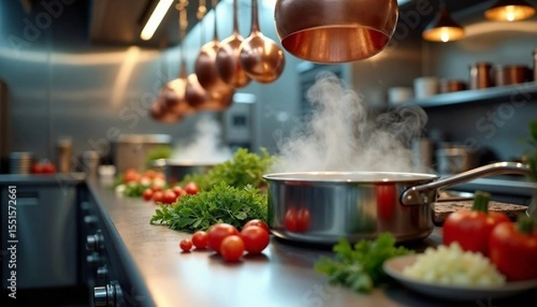 Fototapeta A modern kitchen with stainless steel appliances. Fresh vegetables, herbs, and tomatoes are on the counter. Steam rises from a pot on the stove.