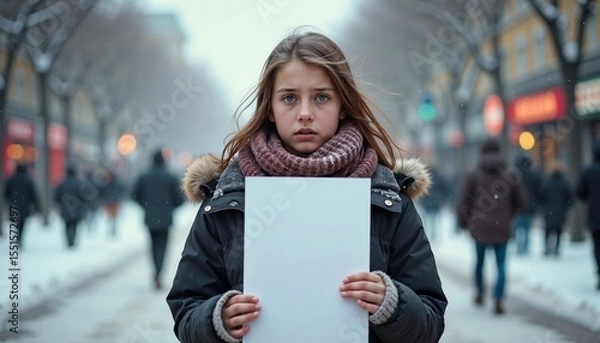 Fototapeta A young Caucasian girl stands in a snowy street, holding a blank white sign. She wears a dark coat and a thick scarf, with a serious expression.
