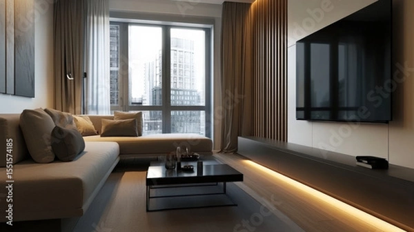Fototapeta Modern and airy small living room featuring sleek design with white sofa, elegant curtains, and minimalist coffee table. space exudes sophistication and comfort, perfect for relaxation