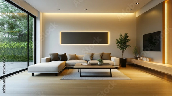 Fototapeta Modern artistic contemporary living room featuring spacious layout, elegant furniture, and natural light streaming through large windows, creating warm and inviting atmosphere