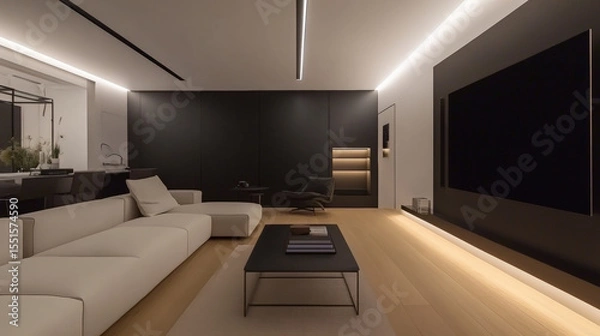 Fototapeta Modern artistic contemporary living room featuring sleek design with high end sofa, minimalist decor, and warm wooden flooring. space exudes elegance and comfort, perfect for relaxation