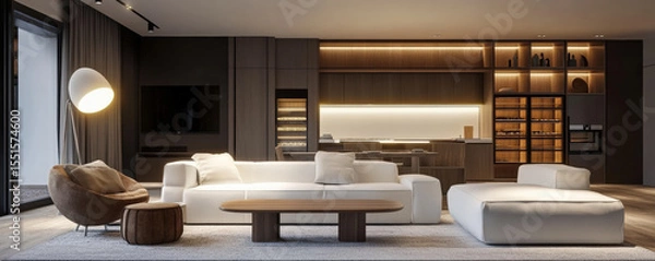 Fototapeta Modern and stylish living room featuring unique furniture, cozy atmosphere, and elegant lighting. space combines comfort and sophistication, perfect for relaxation and social gatherings