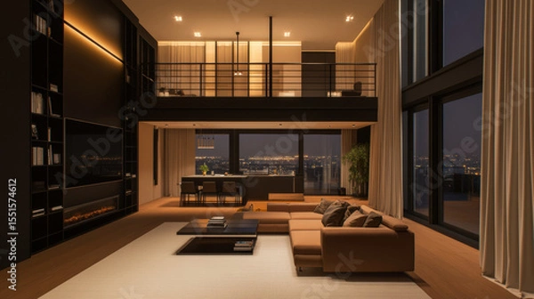 Fototapeta Breathtaking modern living room with floating balcony, featuring large windows, elegant furniture, and cozy atmosphere, perfect for relaxation and entertainment