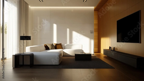 Fototapeta Bright airy modern living space with high end design featuring white sectional sofa, dark wood accents, and large windows allowing natural light to fill room