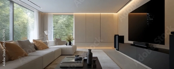 Fototapeta Bright and elegant living room with minimalist decor, featuring spacious layout, large windows, and modern furnishings that create serene atmosphere
