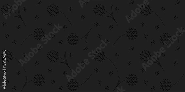Fototapeta Black background of abstract dandelions made of small circles. Airy endless texture with dark floral ornament. Vector seamless pattern for wrapping paper, packaging, giftwrap, surface texture or print
