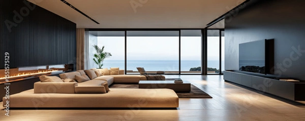 Fototapeta Modern double height living room featuring chic design with large windows offering stunning ocean view. space is elegantly furnished with cozy sectional sofa and minimalist decor, creating serene