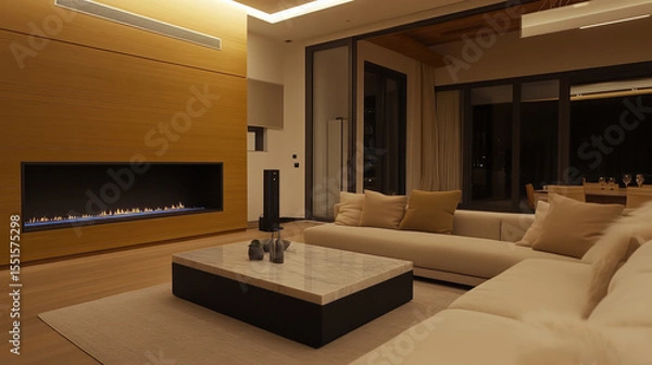 Fototapeta Chic and sophisticated modern living room featuring cozy sofa, elegant coffee table, and stylish fireplace, creating warm and inviting atmosphere for relaxation