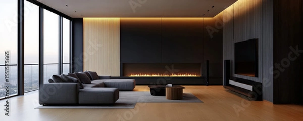 Fototapeta Modern villa interior features chic living room with sophisticated grey color palette, large windows, and cozy fireplace, creating warm and inviting atmosphere