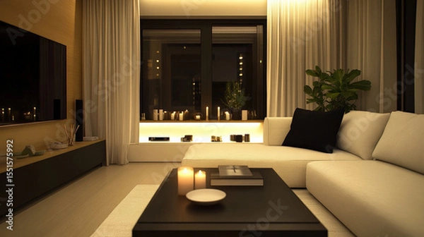 Fototapeta Contemporary cozy living room featuring stylish sofa, soft lighting, and decorative candles creates warm and inviting atmosphere. elegant design is complemented by touch of greenery