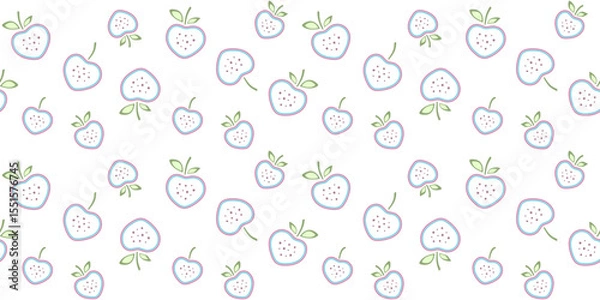 Fototapeta Cute berries or fruits with leaves on a white background. Endless texture with abstract fruit-berry ornament. Vector seamless pattern for wrapping paper, giftwrap, scrapbooking, surface texture, print