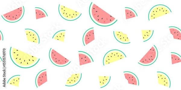 Fototapeta Different slices of red and yellow watermelon on a white background. Cute endless texture with colorful summer fruit. Vector seamless pattern for wrapping paper, packaging, surface texture or printing