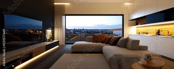Fototapeta Cozy and inviting modern living room featuring sectional sofa, large window with city view, and stylish decor. warm lighting creates relaxing atmosphere perfect for unwinding