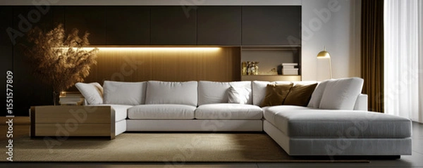 Fototapeta Cozy and refined modern living room featuring warm sectional sofa, elegant decor, and soft lighting that creates welcoming atmosphere. Perfect for relaxation and gatherings