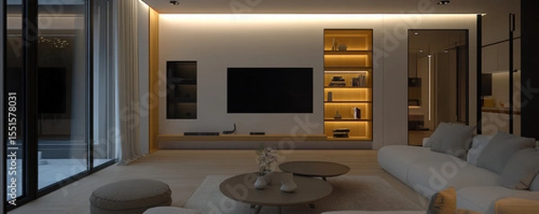 Fototapeta Cozy and sophisticated modern living room featuring soft lighting, minimalist design, and elegant furnishings. space exudes warmth and comfort, perfect for relaxation