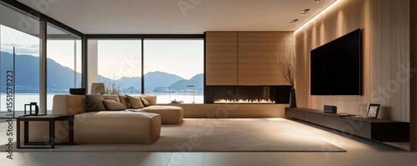 Fototapeta Cozy contemporary living room featuring built in fireplace, large windows with mountain views, and modern furniture. warm ambiance creates relaxing atmosphere