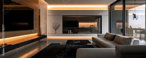 Fototapeta Cozy minimalist living room featuring compact sofa, sleek furniture, and ambient lighting. space exudes modern elegance and tranquility, perfect for relaxation and socializing