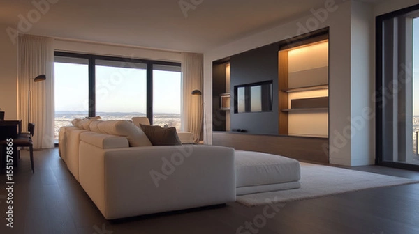 Fototapeta Cozy yet modern clean living room with warm wood textures, large windows, and stunning view. space features comfortable sofa, minimalist decor, and soft lighting, creating welcoming atmosphere