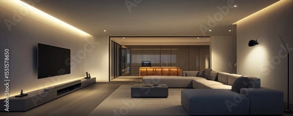 Fototapeta Cozy yet modern home theater style living room featuring spacious layout, soft lighting, and contemporary furniture, creating warm and inviting atmosphere for relaxation