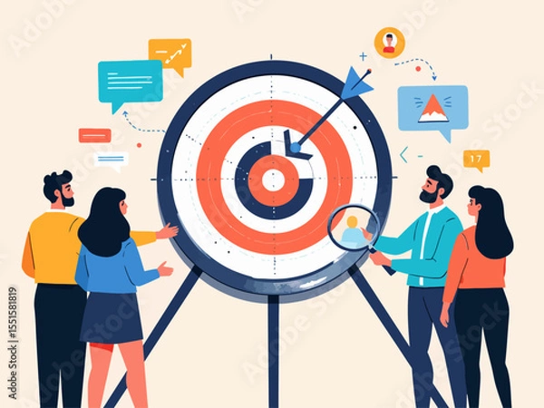 Obraz arget Audience Analysis Concept Magnifying Glass, People Network, Bullseye