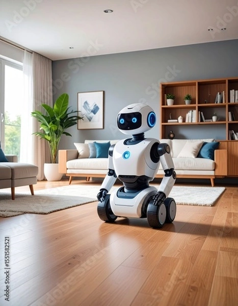 Fototapeta Smart Home Robot with Modern Living Room, and AI.