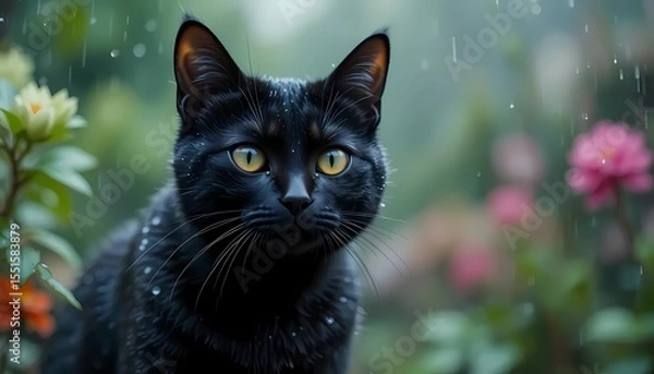 Fototapeta Dark color Cat Stares Intensely on bokeh Rain background