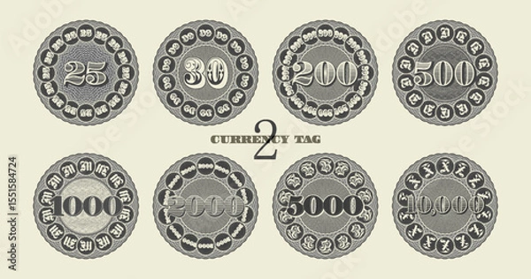 Fototapeta Vector set of vintage round stickers, price tags and badges, numbers. Denominations 25, 30, 200, 500, 1000, 2000, 5000 and 10000. Collection of coins, medals and currency tokens. Guilloche patterns
