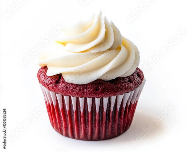 Fototapeta Red velvet cupcake with a generous swirl of cream cheese frosting, isolated on a white background, offers a sweet and tempting treat