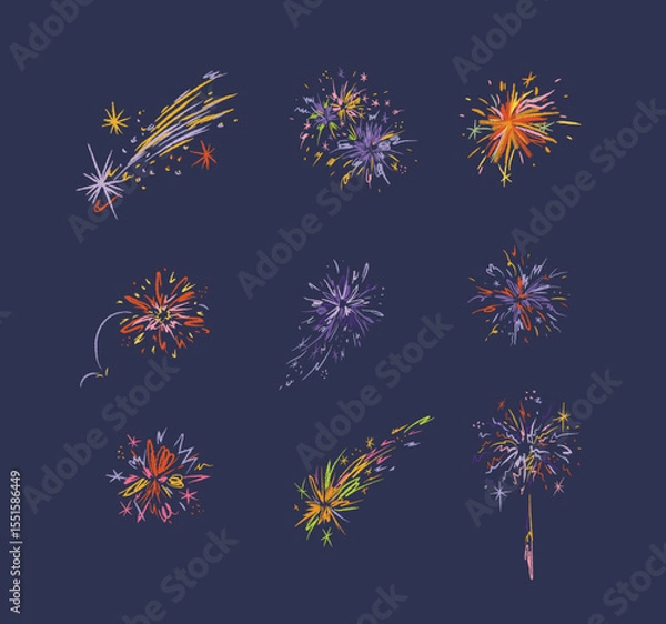 Obraz Fireworks with stars, sparks and firecracker drawing in multicolored on blue background