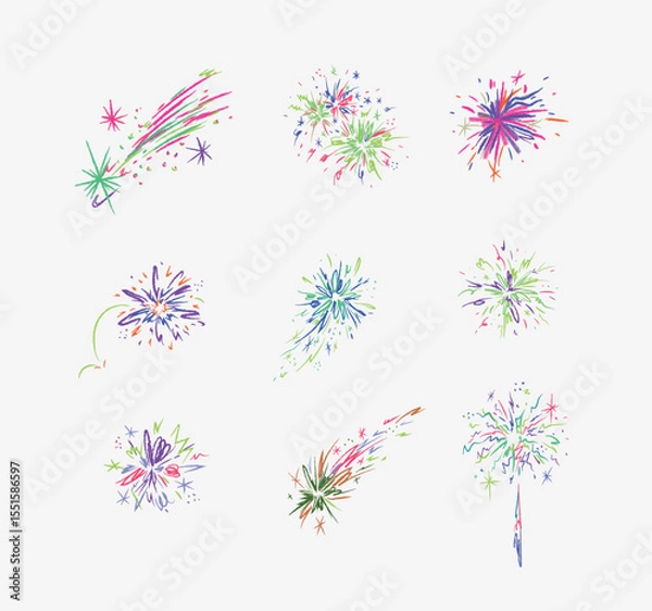 Obraz Fireworks with stars, sparks and firecracker drawing in multicolored on white background