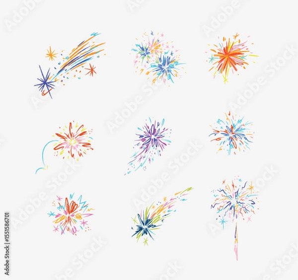 Obraz Fireworks with stars, sparks and firecracker drawing in multicolored on light background
