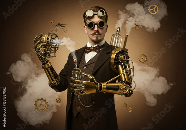 Fototapeta A dapper gentleman in Victorian-era clothing with brass goggles and mechanical arm attachments, holding an ornate steam-powered mosquito elimination device, surrounded by floating gears and soft steam