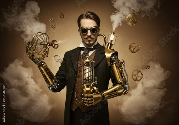 Fototapeta A dapper gentleman in Victorian-era clothing with brass goggles and mechanical arm attachments, holding an ornate steam-powered mosquito elimination device, surrounded by floating gears and soft steam