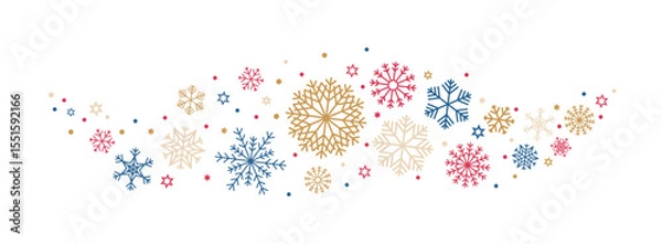 Fototapeta Christmas garland with snowflakes and sparkles stars in gold, red, blue color. Snowflakes border in wave shape isolated on transparent background. Golden snowflakes and stars banner. Vector 
