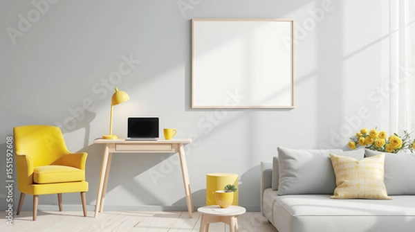 Obraz A chic modern home office features a yellow armchair, wooden desk with a laptop, and a blank framed poster, accented by bright yellow decor and a grey sofa