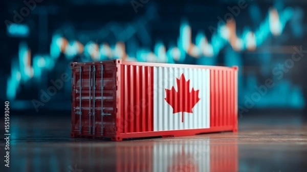 Fototapeta canadian cargo container with national flag against financial stock chart, international trade reports, economic outlook analysis, import and export logistics 
