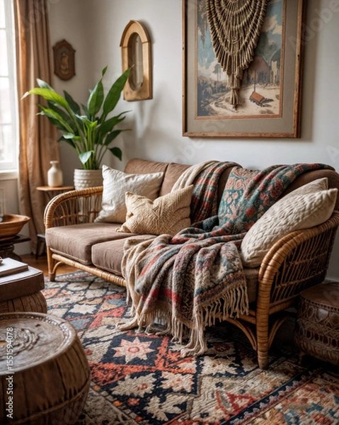 Obraz Bohemian living room with personality Vintage rattan sofa pattern Moroccan rug and overlapping blankets