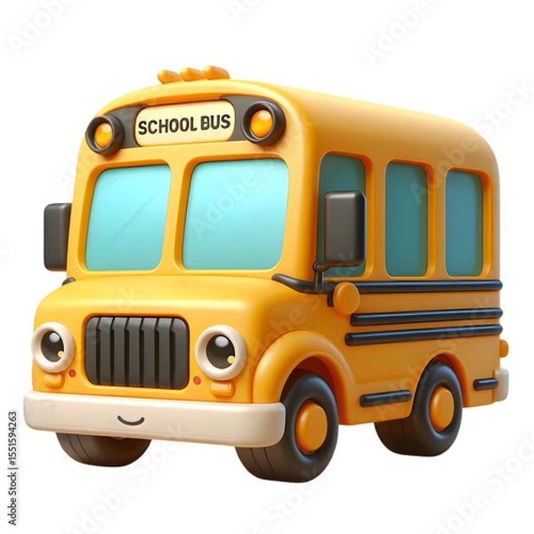 Fototapeta Cute cartoon yellow school bus with happy face isolated on transparent background
