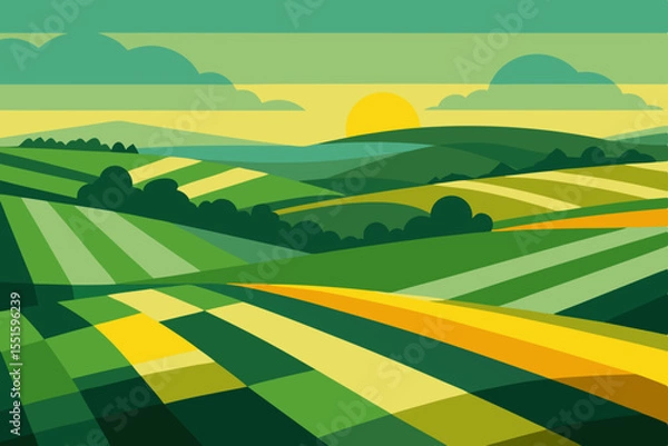 Fototapeta Stylized rolling green fields under a yellow sunrise sky with clouds
