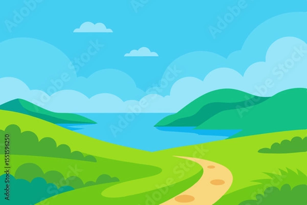 Fototapeta Scenic landscape with rolling green hills and a winding path leading to the ocean