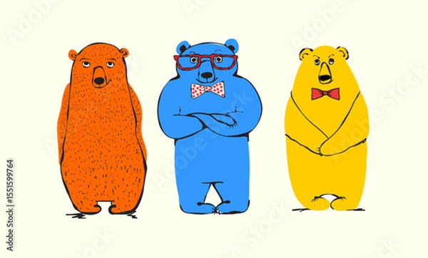 Obraz Cartoon vector illustration of cool bears wearing sunglasses and bow ties. Isolated on white background. Template for print