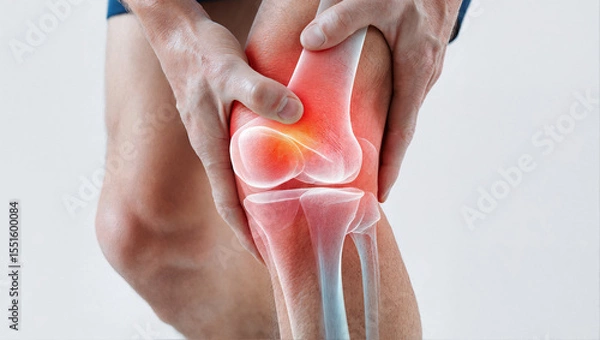 Obraz Man holding his knee in pain, with a visible X-ray overlay of the joint. Illustrating knee injury, arthritis, or joint problems. Concept for healthcare and orthopedic medicine.