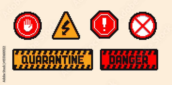 Obraz Set of the danger and attention signs, pixel icons. 8 bit pixel button set. Collection isolated vector illustrations