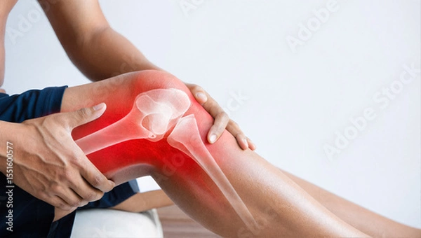 Obraz Man holding his knee in pain, with a visible X-ray overlay of the joint. Illustrating knee injury, arthritis, or joint problems. Concept for healthcare and orthopedic medicine.