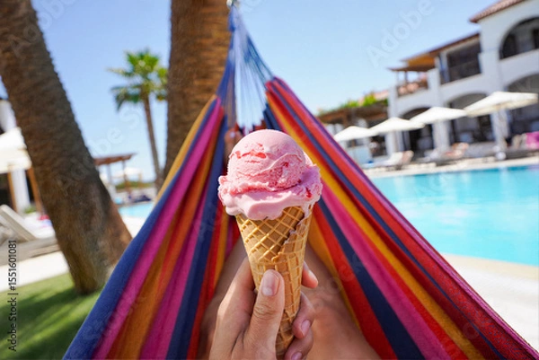Obraz POV: Relaxing in a colorful hammock with a pink ice cream cone by a resort pool. Embodying the perfect summer vacation, leisure, and tropical indulgence.