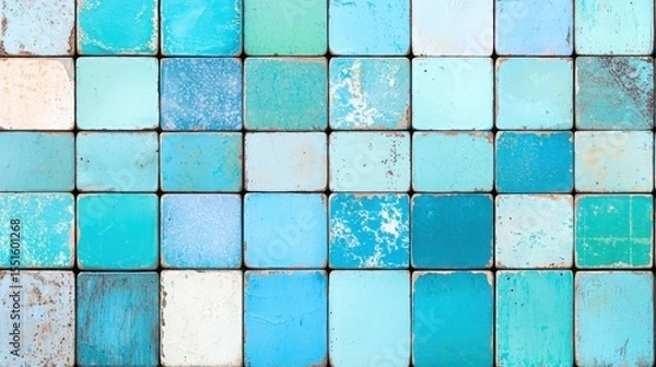 Obraz Blue and green tile wall with abstract vintage pattern on a white background in grunge style