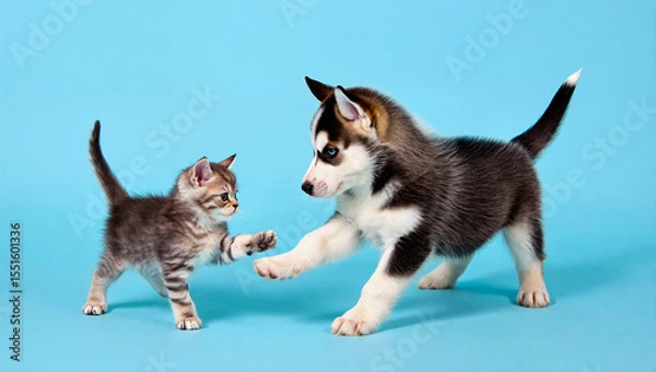 Obraz A playful Siberian Husky puppy with blue eyes gently interacts with a tiny tabby kitten. Depicting a heartwarming first encounter and unlikely animal friendship on a blue background.