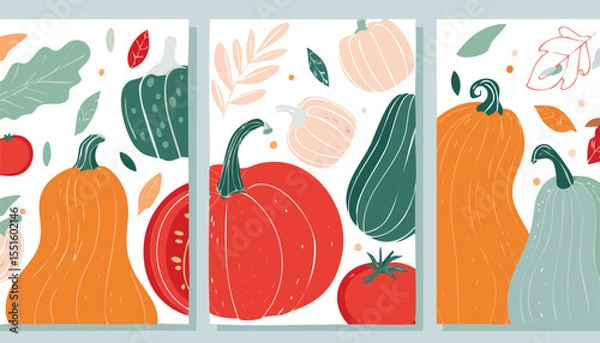 Obraz Set of abstract art poster in vegetables. Modern print with hand drawn red peppers or paprika, pumpkin, tomato, zucchini or vegetable marrow. Vector trendy illustration for card,harvest, menu, poster,